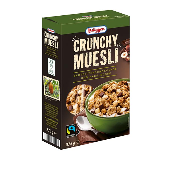 Fairtrade Crunchy Müsli Zartbitterschokolade und Haselnüsse – Brüggen