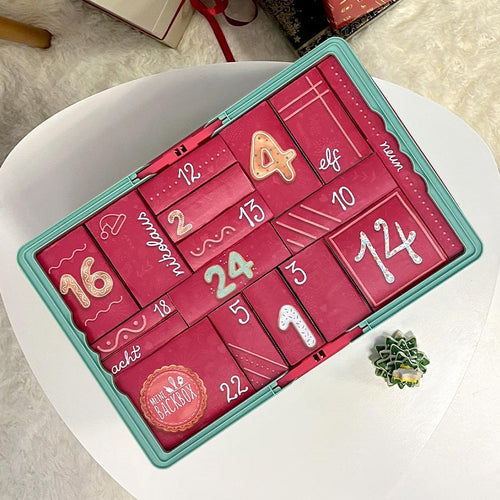 Meine Backbox Back-Adventskalender 2026 mit Zutaten, Dekoren, Formen & Zubehör im Pink-Grünen Einkaufskorb