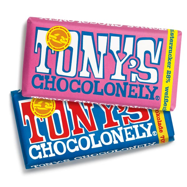 Tony's Chocolonely Weiße Schokolade mit Himbeere und Knisterzucker und Belgische Zartbitterschokolade 70 %