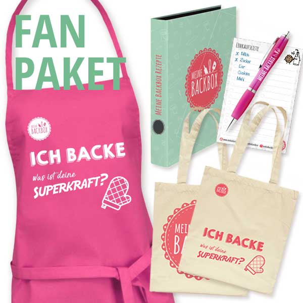Fan Paket mit pinker Schürze, Beutel, Rezeptordner, Kugelschreiber und Einkaufslisten-Notizblock