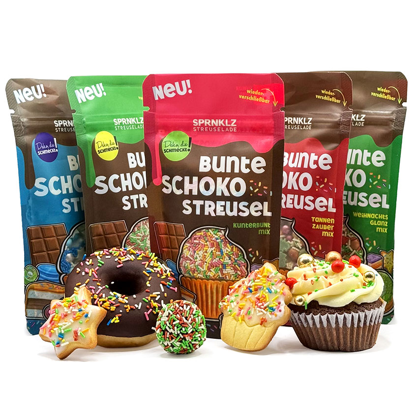 SPRNKLZ Streuselade – Bunte Schokostreusel 5er Bundle mit Kunterbunt, Weihnachtsfreude, Weihnachtsglanz, Tannenzauber & Winterwunder