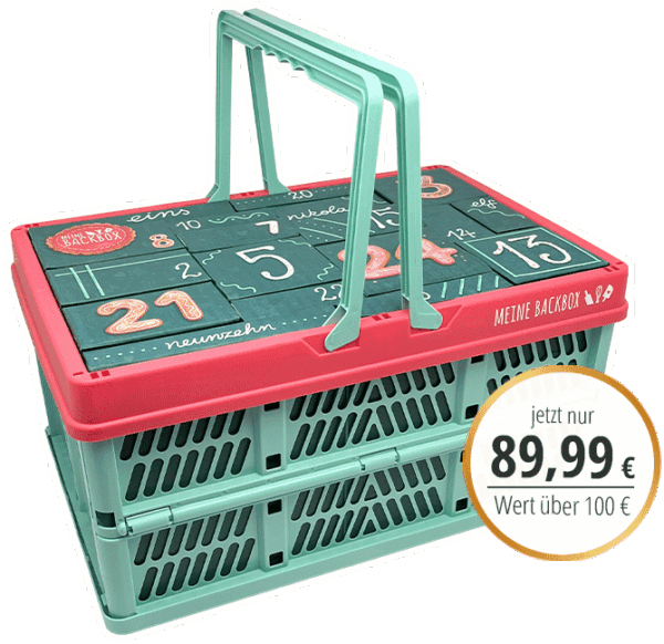 Back Adventskalender 2025 von Meine Backbox im praktischen Einkaufskorb - nur 89,99 €; Wert über 100 €