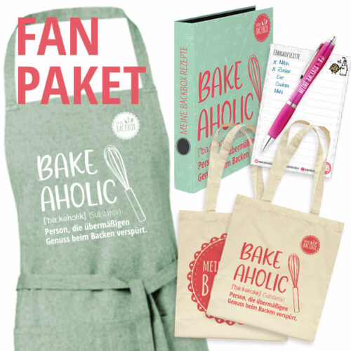 Fan Paket mit Schürze "BAKEAHOLIC" (feengrün meliert), Beutel, Rezeptordner, Kugelschreiber und Einkaufslisten-Notizblock